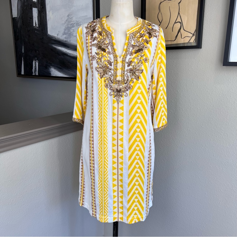 SOFT SURROUNDINGS yellow white beaded embellished tunic dress